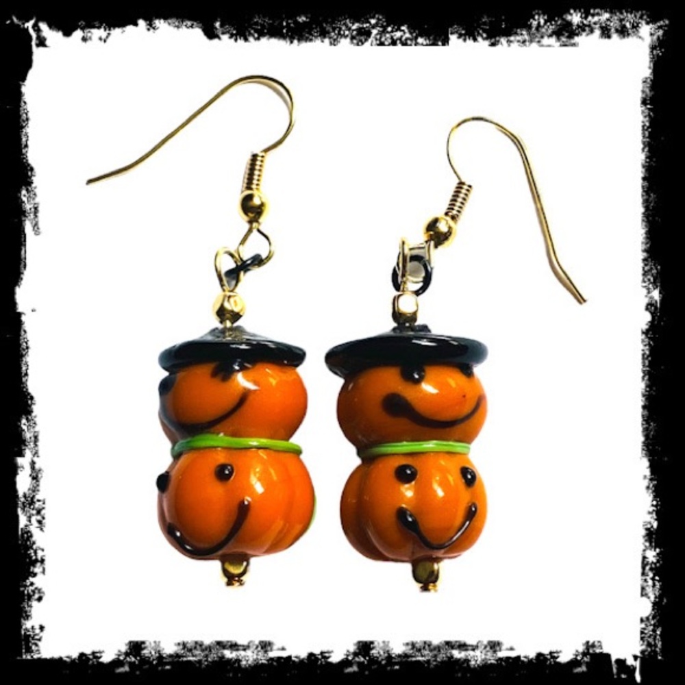 Orange Pumpkin Earrings Lampworked Glass Dangle Halloween - Picture 2 of 4